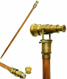 Vintage Brass Telescope Head Handle Victorian Style Wooden Walking Stick Cane - Picture 1 of 4