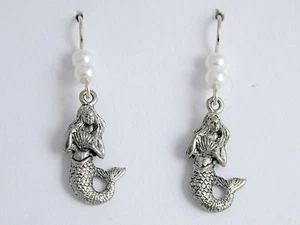 Pewter and sterling silver Mermaid  with shell dangle earrings-Mermaids, sirens - Picture 1 of 2