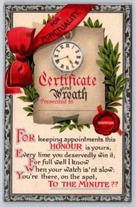 Urkunde und Kranz für Pünktlichkeit, antike BB London Postkarte - Bild 1 von 2