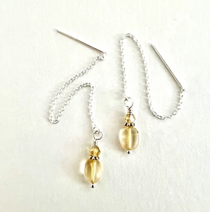 *IAJ* Genuine Citrine Ovals Sterling Silver Ear Threads w/Swarovski Crystals - Picture 1 of 1
