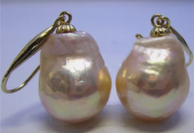 Gorgeous AAAA 11-14mm south sea PINK PEARL EARRINGS 14K  GOLD Dangle - Image 1 of 3