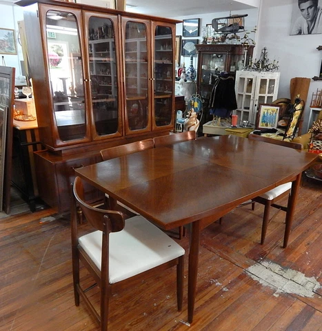 Martinsville Mid Century Modern Walnut Dining Room Table 4 Chairs Cabinet Server Cover