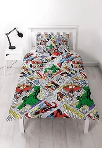 SINGLE BED MARVEL RETRO COMIC GREY DUVET SET HULK IRON MAN CAPTAIN AMERICA THOR - Picture 1 of 2