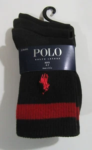 Polo Ralph Lauren Boys Crew Socks Black & Red Size 4-7, Shoe Size 10-13, 3 Pack - Picture 1 of 3
