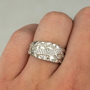 Mens REAL Solid 925 Sterling Silver Nugget Band Ring Iced CZ Band ICY Claw Mark - Picture 1 of 12