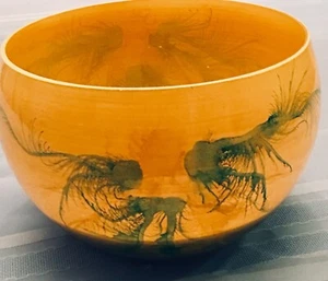 Sammlerstück handgefertigte rumänische Vase Schale mundgeblasen Kunstglas gelb blau + 8"D - Bild 1 von 9