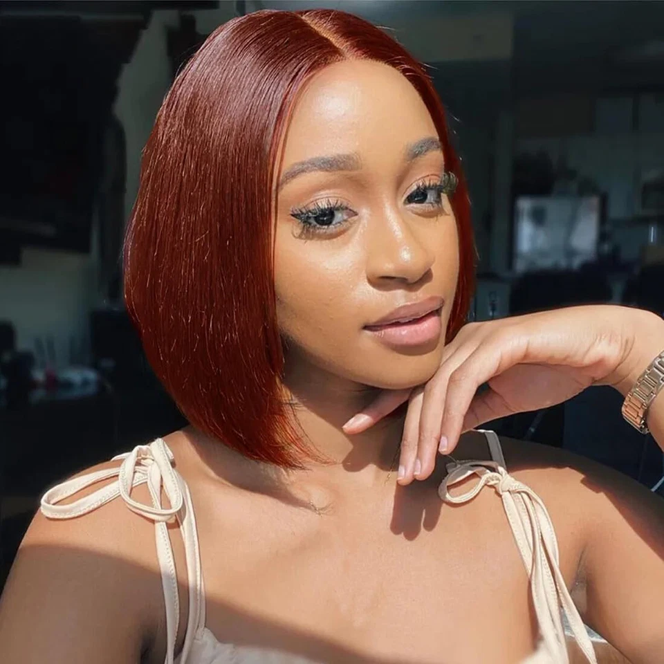 Peluca corta sin pegamento Wear and Go marrón rojizo Bob cabello humano 13x4 pelucas delanteras de encaje Foto 1 de 4