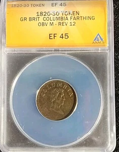 1820-30 Great Britain "Columbia" Farthing Copper Token ANACS EF 45. Our T8307 - Picture 1 of 6