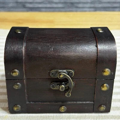 Handmade Vintage Wooden Trinket Chest Brown with Bronze Metal Storage Box 4.5 in - Image 1 of 4
