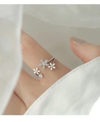 Crystal and White Flower Sterling Silver Adjustable Ring, Forget Me Not - Image 1 of 4