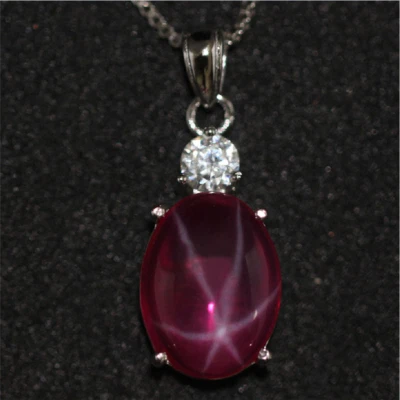 Top Quality Red 6 Star Ruby Lab-Created Sterling Silver Pendant Necklace 12x16mm - Image 1 of 4