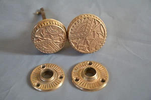SUPERB PAIR 1881 BRONZE BRANFORD ORIENTAL DOOR KNOBS W ORIGINAL ROSETTE S (X) - Picture 1 of 19