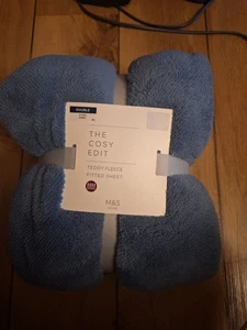 New M&S Fleece Fitted Sheet Blue Double - Picture 1 of 5