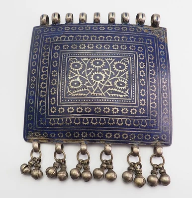 Grande Antico Turchia? Argento Blu Smalto Ciondolo Con Campane - Immagine 1 di 4
