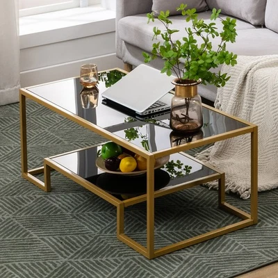 NewModern Black Glass Top Coffee Table Rectangle End Side Table Gold Metal Frame - Image 1 of 4