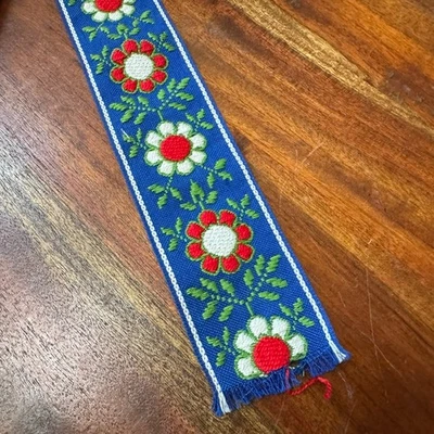 Vintage Embroidered Jacquard Ribbon with Flowers 2" Wide- 7 Yards Blue Red Green - Image 1 of 3