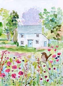 ORIGINAL WATERCOLOUR PAINTING: Bird in cottage garden (see description re p+p) - Picture 1 of 4