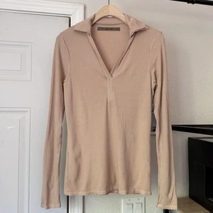 ENZA COSTA nude cream tan blush rib ribbed popover polo long sleeve top tee - Picture 1 of 5