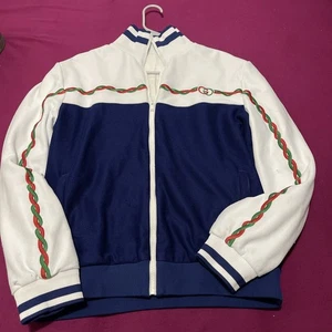 %100 Authentic Gucci GG Logo Zipper Sweater Blue White Green Size M - Picture 1 of 5