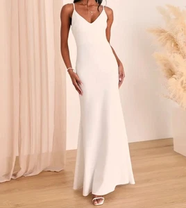 Lulus Dress White Infinite Glory Maxi Strappy V Neck Wedding Boho Women’s Sz L - Picture 1 of 8
