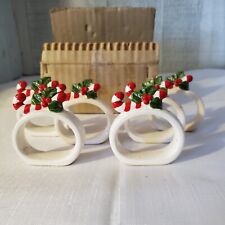 Vintage White Ceramic Christmas Candy Cane Poinsettia Napkin Rings Set Of 6 