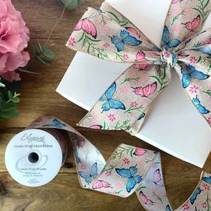 Spring Easter Ribbon Natural Butterfly Wreath Wired Edge Rustic Gift 63mm - Picture 1 of 2