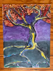 Quadro su tela contemporaneo Outsider Art albero foglie rosse viola cielo di Renault - Foto 1 di 5