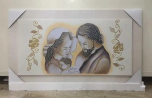 QUADRO SACRA FAMIGLIA CON CORNICE IN LEGNO BEIGE E TELA CON GLITTER 118x68 cm - Imagen 1 de 3
