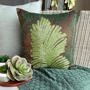Square Decorative Cushion Cover Brown 16"x16", Sofa Decor Silk - Rain Forest - Picture 1 of 9