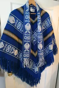 100% Sheep Wool Tasseled Poncho Handmade by Ecuadorian Blue Pullover Fish - Picture 1 of 6
