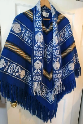 Poncho 100% Lana Oveja Borlas Hecho a Mano por Pullover Azul Ecuatoriano Pez Foto 1 de 4