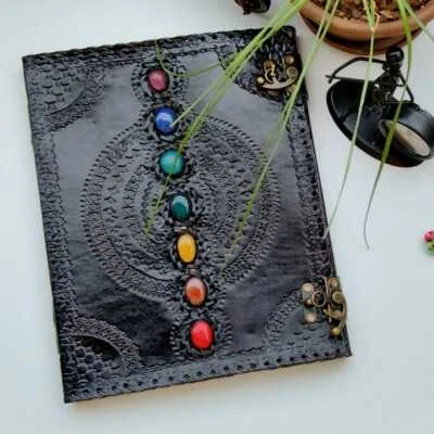 Leather Journal Seven Stone Chakra Notebook Blank Bound Papers Book of Shadows - Image 1 of 4
