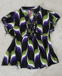 Heart Soul Purple Green Abstract Ruffly Tie Back Y2K Blouse Junior 3X RUNS SMALL - Picture 1 of 7
