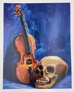 Art Print “Skull And Strat” 11 X 14 Original Art Blue Brown Violin And Skeleton - Picture 1 of 1