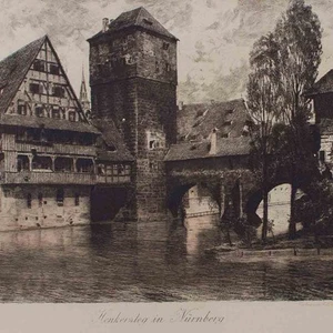 Henkersteg Núremberg Vista histórica Baviera grabado original principios del siglo XX - Imagen 1 de 4