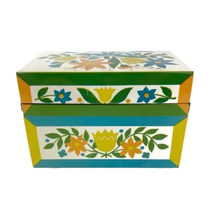 Vintage Metall Rezeptbox Floral gelb weiß blau orange Syndikat Mfg Co *LESEN - Bild 1 von 8