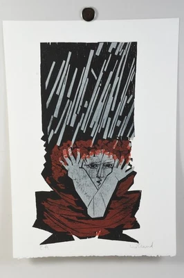 P41V16- Detlef Willand (1935-2022) Farbholzschnitt E.A. Nachdenkender signiert - Bild 1 von 4