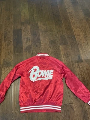 Forever 21 David Bowie Red White Satin Varsity Jacket Small Snap Buttons Silky - Image 1 of 4