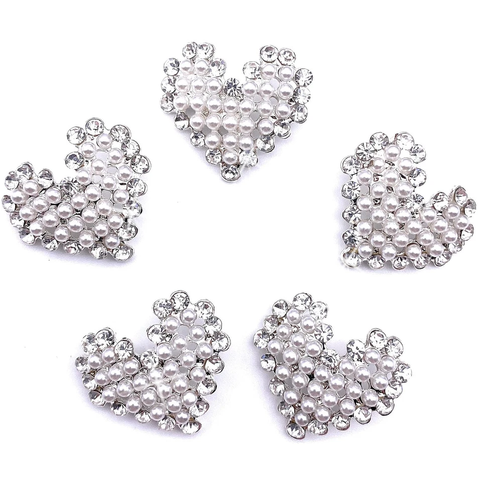 5 Pcs Heart Shaped Sliver Rhinestone and Pearls Sew on Buttons Embellishments... - Image 1 of 4