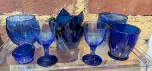 COBALT BLUE HAND BLOWN Vintage GLASSES SET OF 7---3 " Tall - Picture 1 of 6