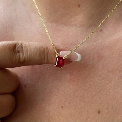 14k Gold Lab-Created Ruby Necklace Emerald Cut Red Gemstone Pendant Handmade Her - Image 1 of 4