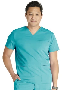 Cherokee Atmos Men's V-Neck Scrubs Top CK719A TLB Teal Blue Free Shipping - Picture 1 of 5
