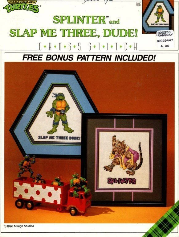 VINTAGE TEENAGE MUTANT NINJA TURTLES SPLINTER & SLAP ME THREE, DUDES X-STITCH - Image 1 of 1