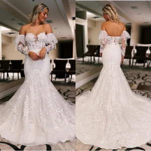 Mermaid Wedding Dress Strapless Lace Train Bridal Gowns with Detachable Sleeves - Picture 1 of 8
