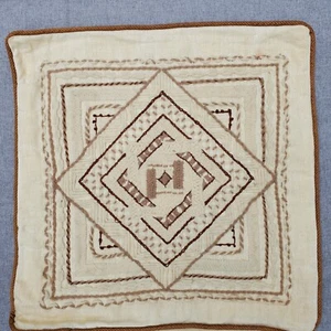 Vintage Crewel Embroidered Geo Throw Pillow Cover Brown Piping Handmade 16 In - Picture 1 of 13
