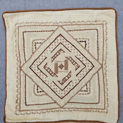 Vintage Crewel Embroidered Geo Throw Pillow Cover Brown Piping Handmade 16 In - Image 1 of 4