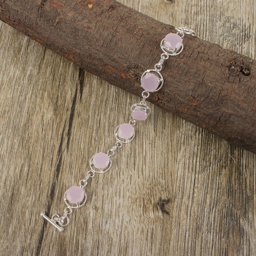 VALENTINO Bracciale Tondo Rosa Calcedonio Elegante Catena Madre Matrimonio Gioielli Argento 925