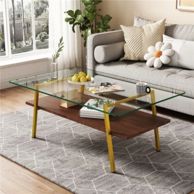 Tempered Glass Coffee Table  2-Tier Modern Table w/Metal Legs for Living Room - Image 1 of 4