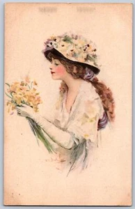 K17/ Künstler signierte Postkarte um 1910 Frau Blumen Hut 232 - Bild 1 von 4