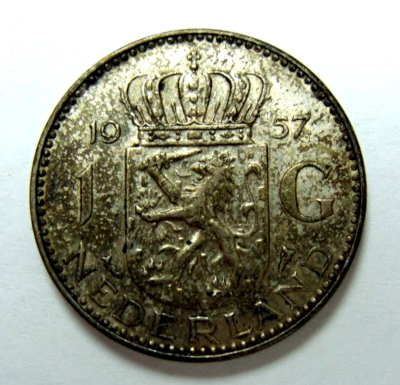 1957 NETHERLANDS 1 GULDEN AU SILVER COIN ORIGINAL TONING - Image 1 of 2